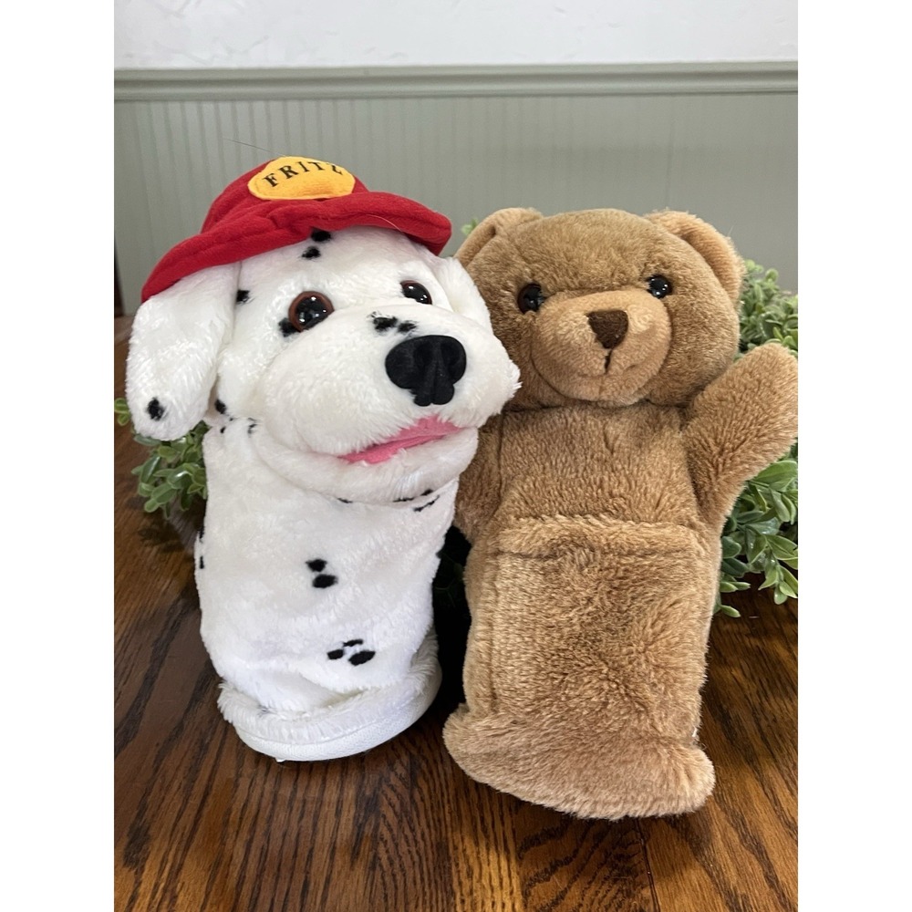 Dakin 1987 Firefighter Fritz Dalmatian Dog & 1984 Brown Bear 12" Puppet ‎ VTG